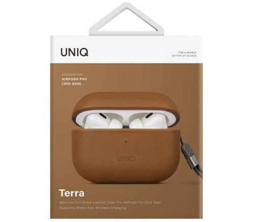 Чехол силиконовый Uniq для Airpods Pro 2 чехол Terra Натуральная кожа с ремешком Ириска Браун - баннер 3