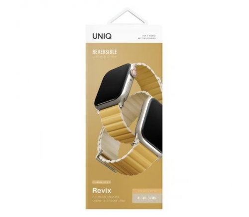 Ремешок Uniq для Apple Watch 41/40/38 mm ремешок Revix Premium Ed. Кожа/силикон Канареечно-желтый/слоновая кость - фото 3