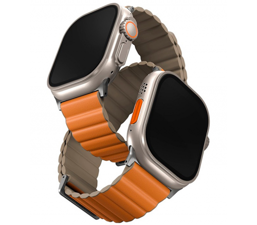 Ремешок Uniq для Apple Watch 49/45/44/42 mm Revix Premium Ed. Кожа/Силикон Шафран Оранжевый/Хаки - фото 1