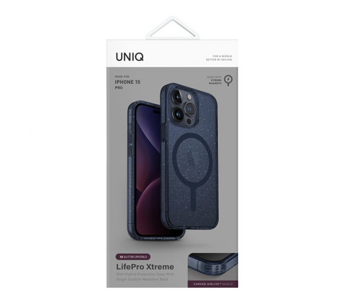 Чехол Uniq для iPhone 15 Pro Lifepro Xtreme Мишура Синяя (MagSafe) - фото 7