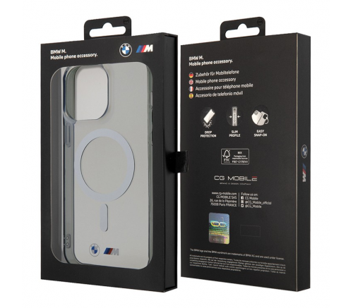 Чехол BMW для iPhone 15 Pro M-Collection PC/TPU Серебряное кольцо жесткое прозрачное (MagSafe) - фото 6