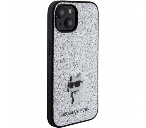 Чехол Lagerfeld для iPhone 15 Fixed glitters NFT Choupette Metal pin Hard Серебро - фото 3
