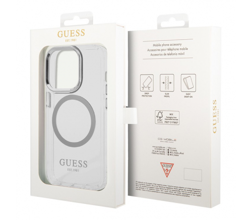 Чехол Guess для iPhone 15 Pro PC/TPU Metal outline Hard Прозрачный/Серебристый (MagSafe) - фото 4
