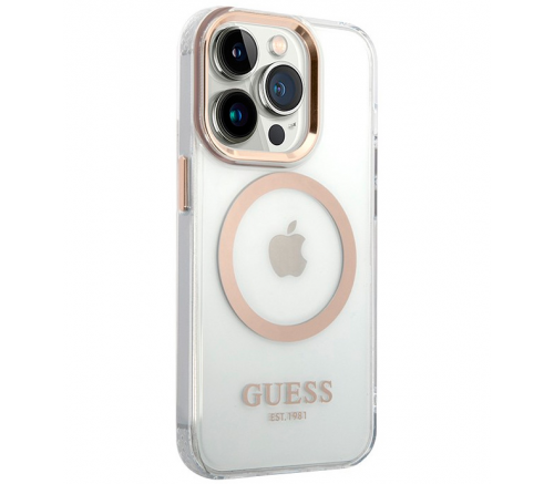 Чехол Guess для iPhone 15 Pro PC/TPU Metal outline Hard Прозрачный/Золотой (MagSafe) - фото 1