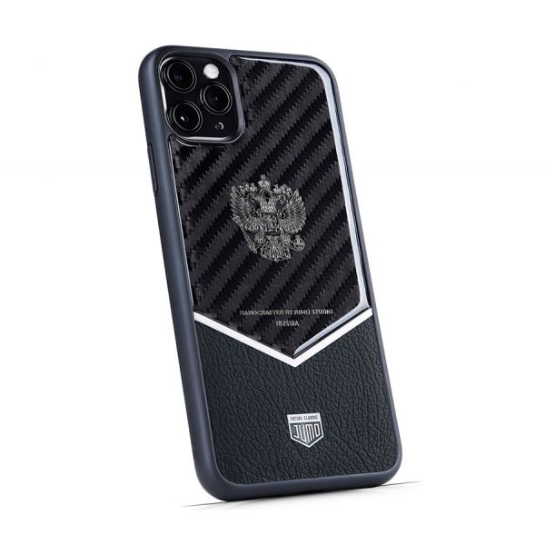 Эксклюзивный чехол Jumo Steel V Frame для iPhone 13 Pro, стальная рамка, кожа Dakota, никель с серебрением, «Герб РФ» - фото 1