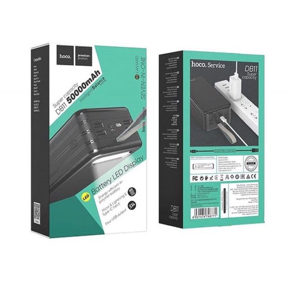 Внешний аккумулятор HOCO DB11, 4 USB-A, 50000 мАч, 185 Вт, 2.1А, чёрный - фото 5