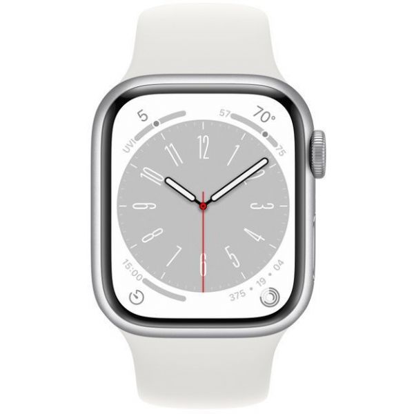 Apple Watch Series 8, 41 мм, алюминиевый корпус серебристый, спортивный ремешок белый (S/M) - фото 2