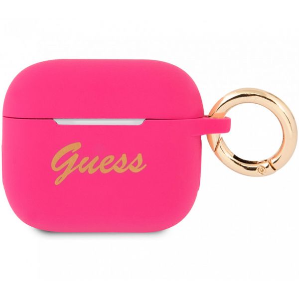 Чехол Guess для Airpods 3 Silicone with ring Script logo фуксия - фото 1
