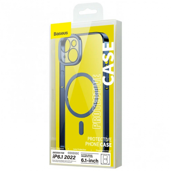 Чехол Baseus для iPhone 14 Glitter Magnetic PC case +Tempered glass, синий - фото 5