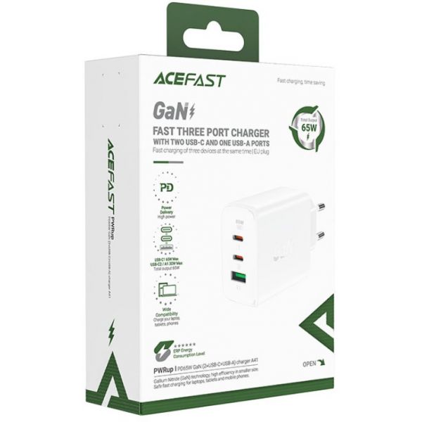 СЗУ Acefast A41 GaN, 2Type-C, 1USB, 3.6A, PD+QC3.0, 65Вт (белый) - фото 4