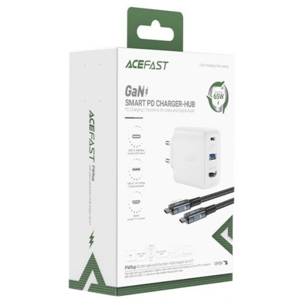СЗУ Acefast A17 65W GaN (USB-C+USB-A+Multi-Function HUB) + кабель Type-C to Type-C (белый) - фото 4