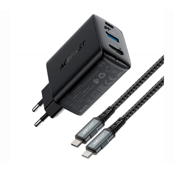 СЗУ Acefast A17 65W GaN (USB-C+USB-A+Multi-Function HUB) + кабель Type-C to Type-C (черный) - фото 1