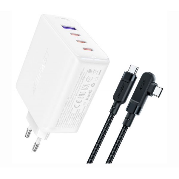 СЗУ Acefast A37 PD100W GaN 4USB (3*CUSB-C+USB-A) + кабель Type-C to Type-C (белый) - фото 1
