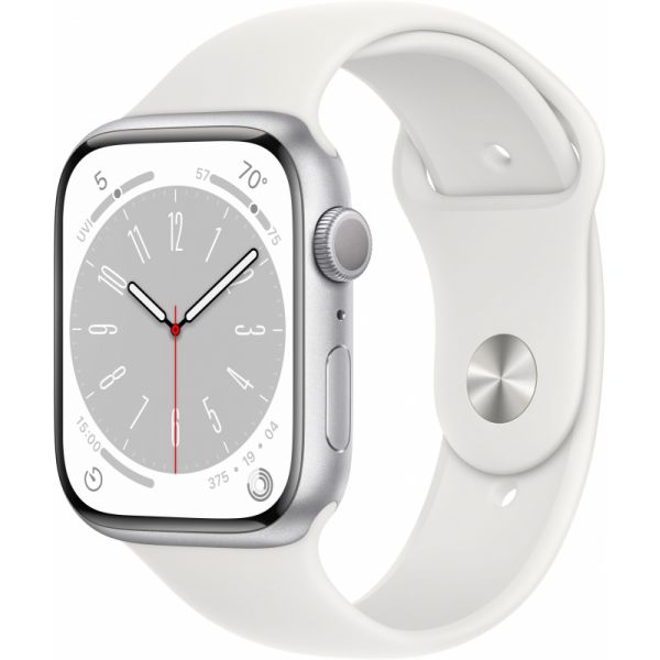 Apple Watch Series 8, 45 мм, алюминиевый корпус серебристый, спортивный ремешок белый (M/L) - фото 1