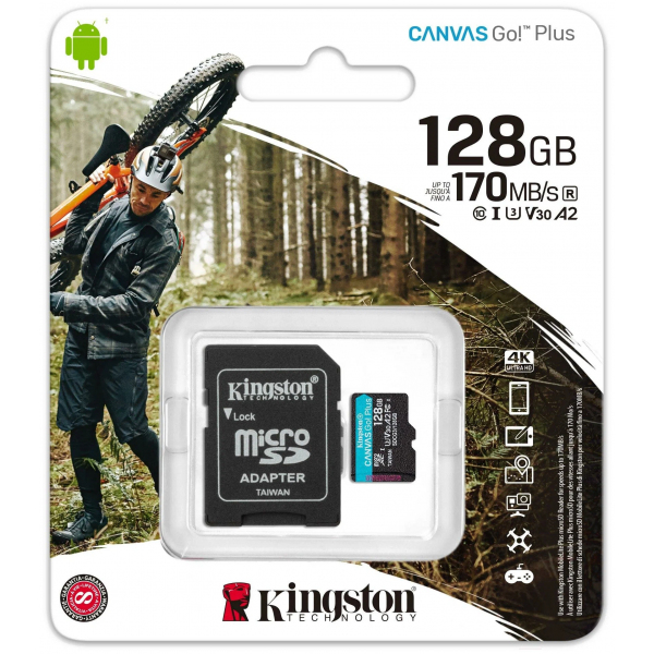 Карта памяти microSDXC Kingston Canvas GO! Plus 128 ГБ, 170MB/s, C10, UHS-I, U3, V30, A2, 4K UHD - фото 2Карта памяти microSDXC Kingston Canvas GO! Plus 128 ГБ, 170MB/s, C10, UHS-I, U3, V30, A2, 4K UHD - фото 4