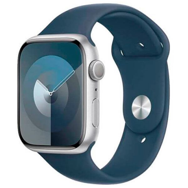 Apple Watch Series 9, 45 мм, алюминиевый корпус серебристый, спортивный ремешок «синий шторм» (M/L) - фото 1