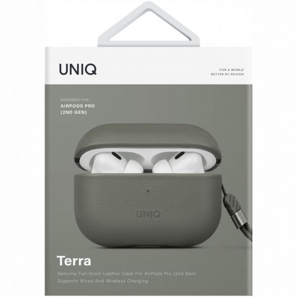 Чехол силиконовый Uniq для Airpods Pro 2 чехол Terra Натуральная кожа с ремешком Зеленый - фото 3