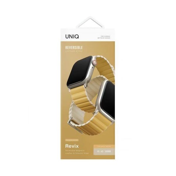 Ремешок Uniq для Apple Watch 49/45/44/42 mm ремешок Revix Premium Ed. Кожа/силикон Канареечно-желтый/слоновая кость - фото 3