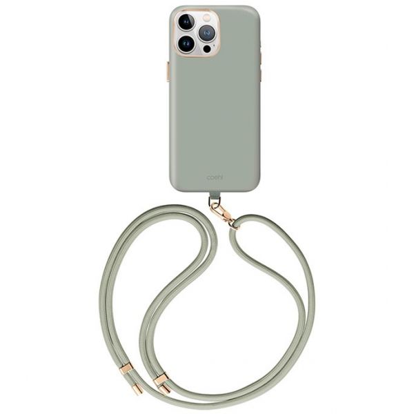Чехол Uniq для iPhone 15 Pro COEHL CREME Liquid silicone с ремешком цвета Мягкий шалфей (MagSafe) - фото 1