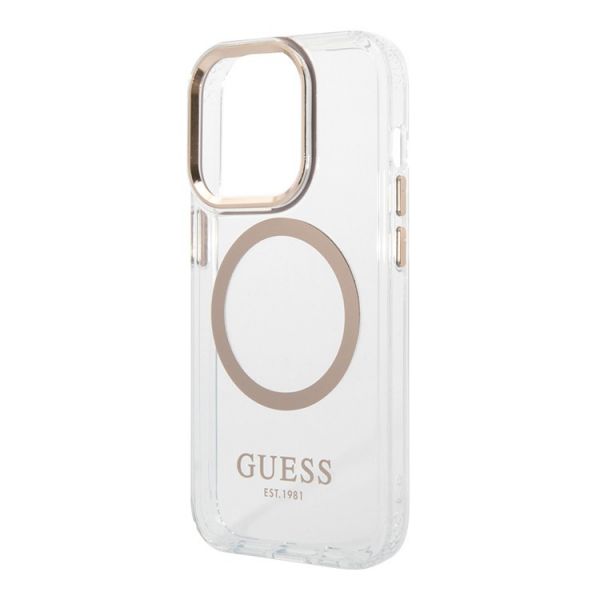 Чехол Guess для iPhone 15 Pro PC/TPU Metal outline Hard Прозрачный/Золотой (MagSafe) - фото 2