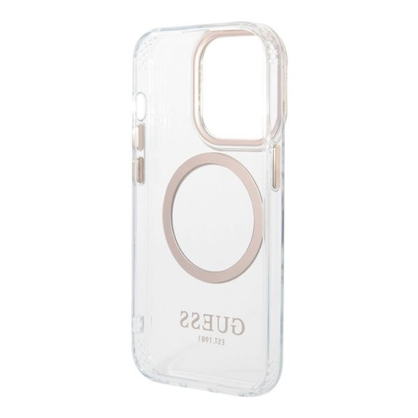 Чехол Guess для iPhone 15 Pro Max PC/TPU Metal outline Hard Прозрачный/Золотой (MagSafe) - фото 3