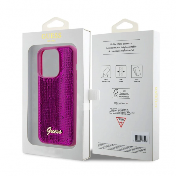 Чехол Guess для iPhone 15 Pro Sequins Script metal logo Hard Фуксия - фото 5