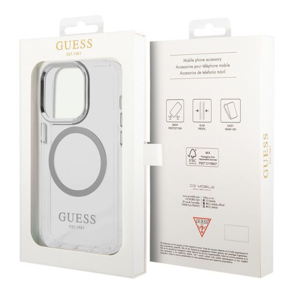 Чехол Guess для iPhone 15 Pro Max PC/TPU Metal outline Hard Прозрачный/Серебристый (MagSafe) - фото 4