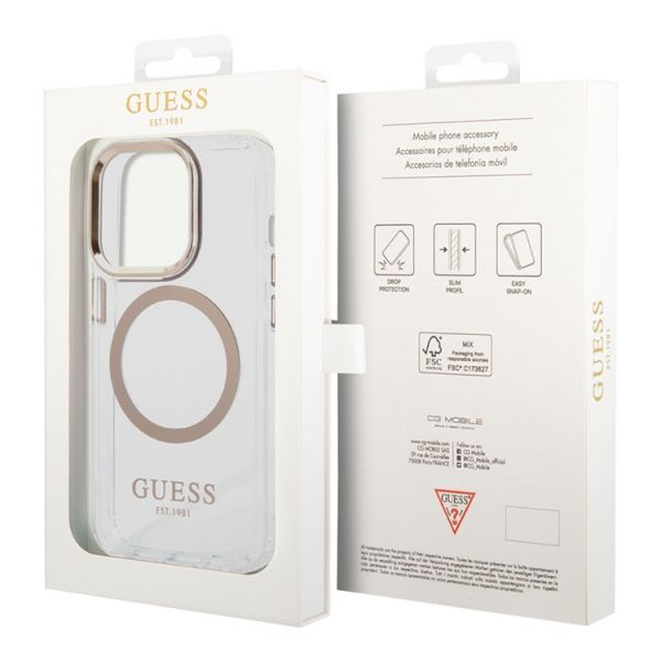 Чехол Guess для iPhone 15 Pro PC/TPU Metal outline Hard Прозрачный/Золотой (MagSafe) - фото 4