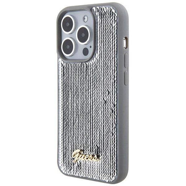 Чехол Guess для iPhone 15 Pro Max Sequins Script metal logo Hard Серебро - фото 1