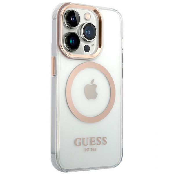 Чехол Guess для iPhone 15 Pro Max PC/TPU Metal outline Hard Прозрачный/Золотой (MagSafe) - фото 1