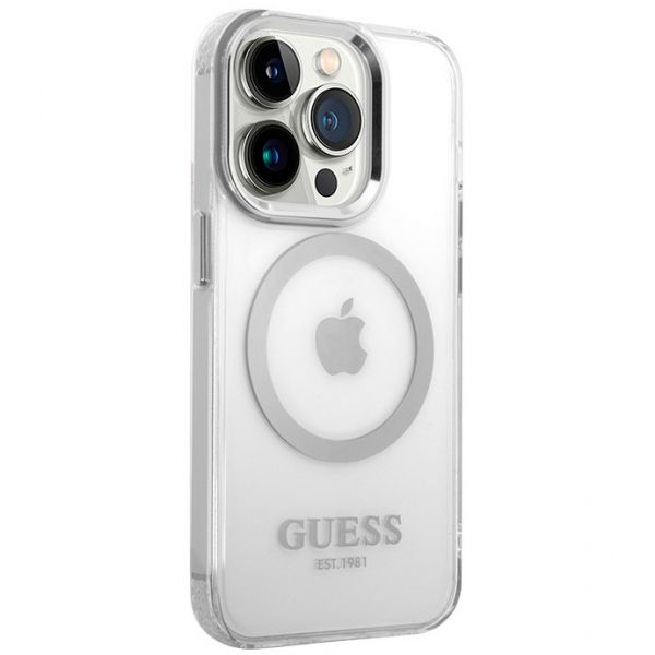 Чехол Guess для iPhone 15 Pro Max PC/TPU Metal outline Hard Прозрачный/Серебристый (MagSafe) - фото 1