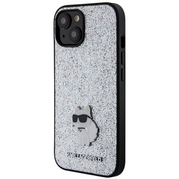 Чехол Lagerfeld для iPhone 15 Fixed glitters NFT Choupette Metal pin Hard Серебро - фото 1