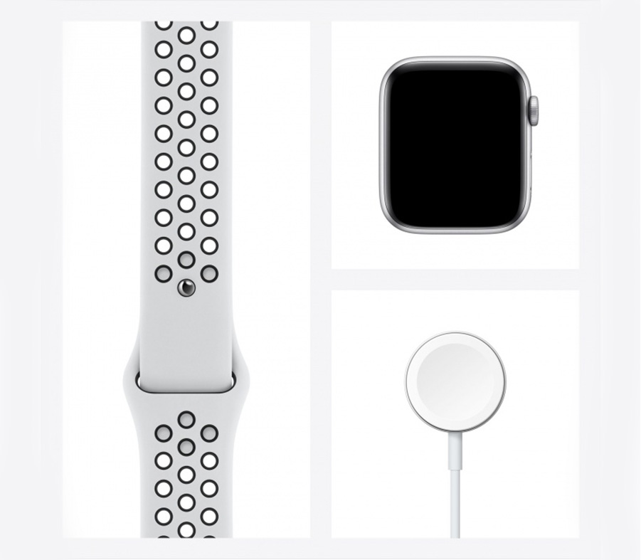 Apple Watch Series 6, 40 мм, серебристый корпус, спортивный ремешок Nike  «чистая платина/чёрный» в MacTime
